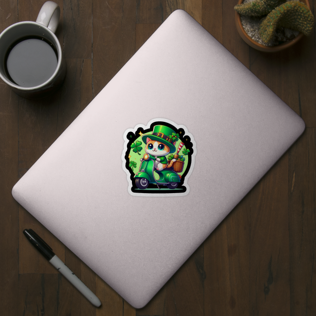 Celebrate St Patricks Day with a cute and colorful Cat on a Motorcycle design by click2print